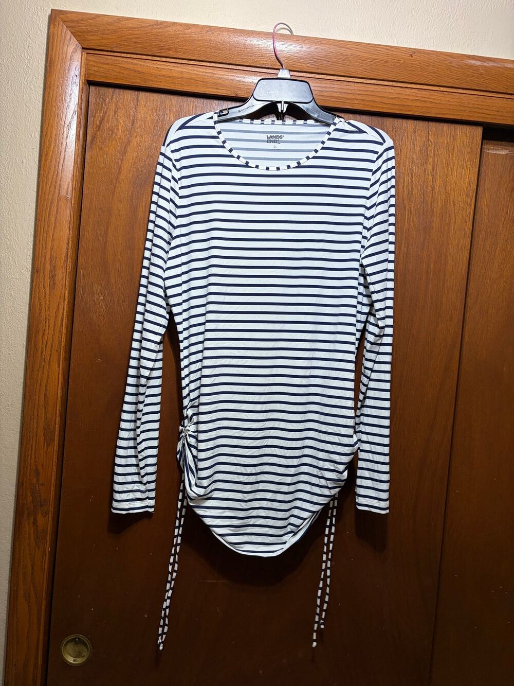 Lands’ End Women’s L Navy White Striped Ruched Side Tie Tunic Top